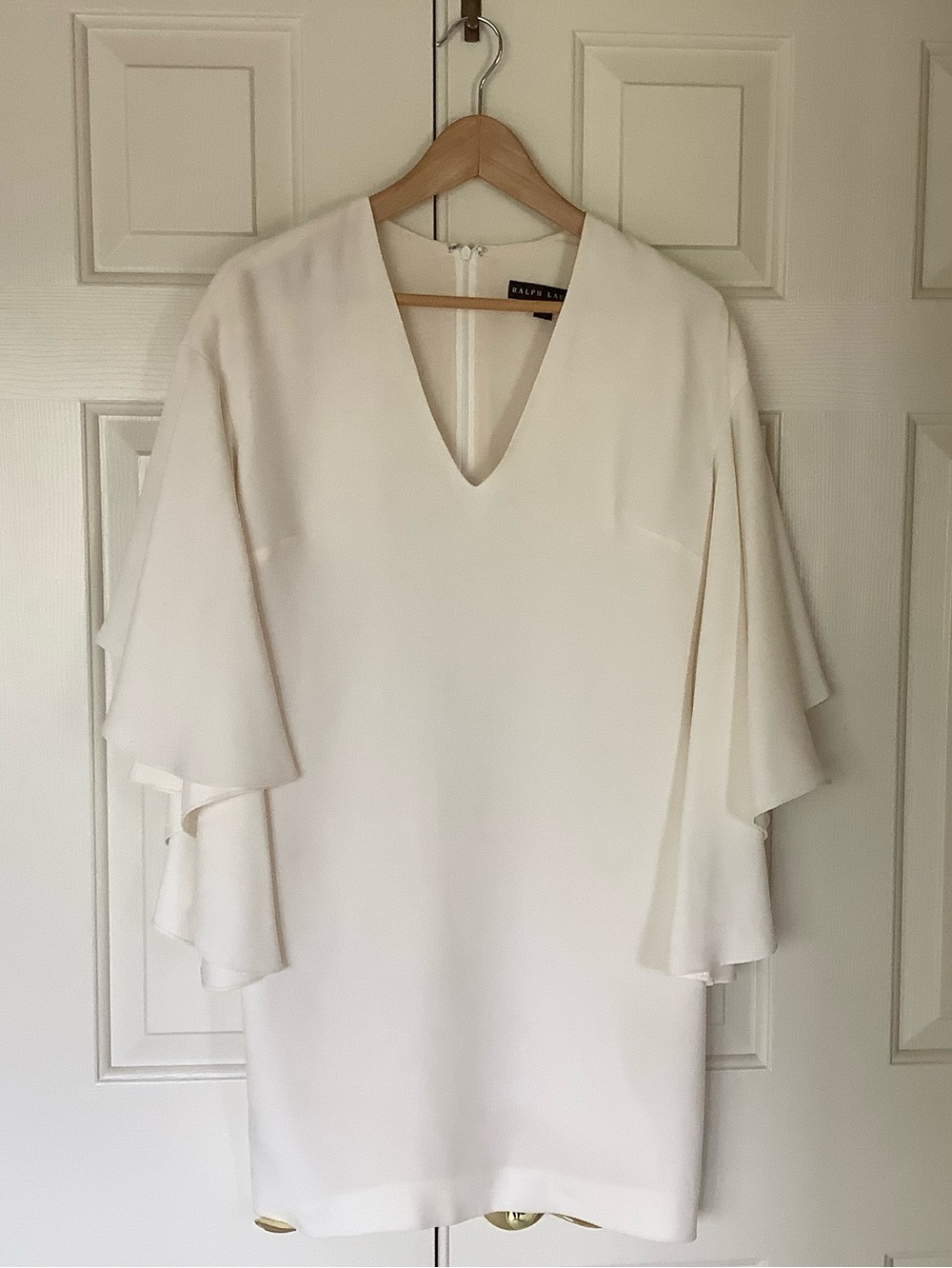 Ralph Lauren Cream V-Neck Dress with Layered Flutter Sleeves